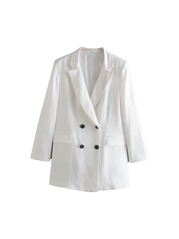 Women's Summer 2023 Casual Chic Silk Satin Texture Long Blazer Retro Lapel Double Breasted Pockets Solid Color Top