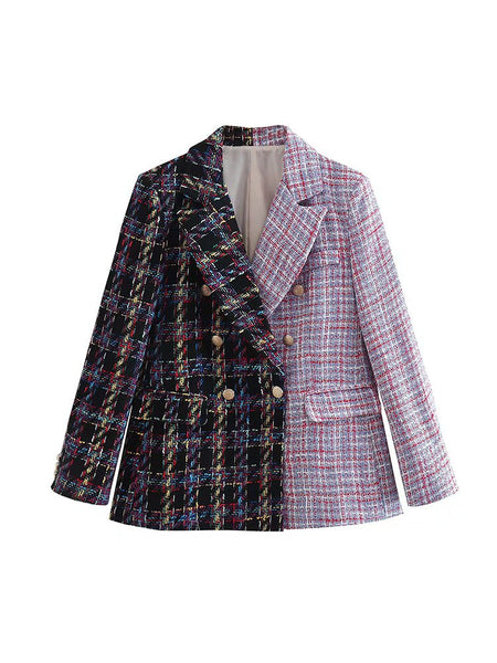 Women's Summer 2023 Retro Chic Colorblock Textured Casual Blazer Lapel Long Sleeve Loose Pockets Double Breasted Top