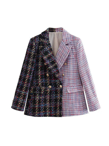 Women's Summer 2023 Retro Chic Colorblock Textured Casual Blazer Lapel Long Sleeve Loose Pockets Double Breasted Top