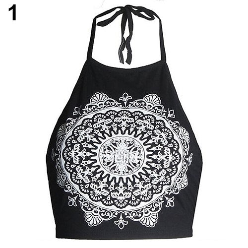 Women's Summer Co Fashion Mandala Print Halter Neck Round Neck Vest Crop Top