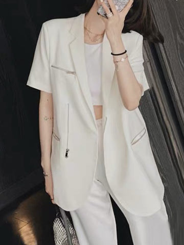 Women's Summer Elegant Casual Blazer Ladies Short Sleeve Workwear Vintage White Jacket Female Korean Business Clothes