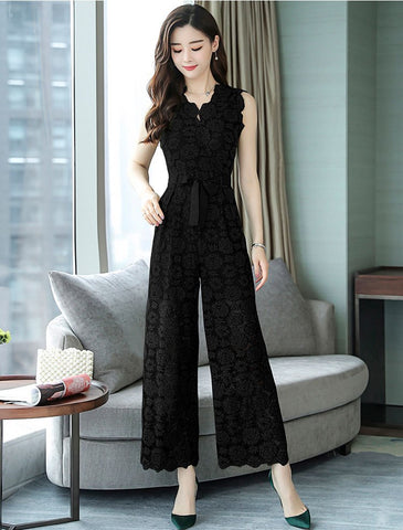 Women's Summer Hollow Out Floral V-Neck Wide Leg Lace Jumpsuits 2022 New Arrival Elegant High Waist Jumpsuits Hots Sales S85404F