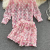 Women's Summer Long-sleeved Shirt Design Niche Three-dimensional Flower Sweet Wide-leg Shorts Two-piece Summer