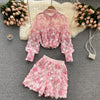 Women's Summer Long-sleeved Shirt Design Niche Three-dimensional Flower Sweet Wide-leg Shorts Two-piece Summer