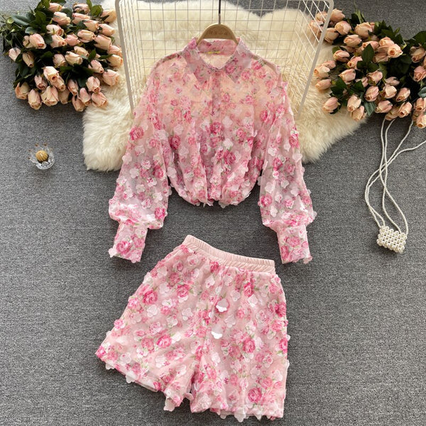 Women's Summer Long-sleeved Shirt Design Niche Three-dimensional Flower Sweet Wide-leg Shorts Two-piece Summer