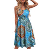 Women's Summer Printed V-neck Casual Lace-up Sling Temperament Knee-length Dress Summer Spaghetti Strap Dresses Sundress Vestido