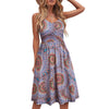 Women's Summer Printed V-neck Casual Lace-up Sling Temperament Knee-length Dress Summer Spaghetti Strap Dresses Sundress Vestido