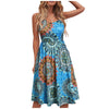 Women's Summer Printed V-neck Casual Lace-up Sling Temperament Knee-length Dress Summer Spaghetti Strap Dresses Sundress Vestido
