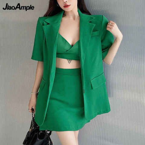 Women's Summer Sexy Blazer Sling Mini Skirts 3 Piece Set 2023 Korean Ladies Green Jacket Crop Tops Outfits Green Clothes