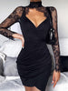 Women's Summer Sexy Lace Dress Female Long Sleeve V Neck Black Bodycon Mini Dresses