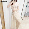 Women's Summer Short Blazer Jacket + Lace Dress Two Piece 2023 Korean Elegant Casual Khaki Suit Blouse Skirt Set
