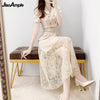 Women's Summer Short Blazer Jacket + Lace Dress Two Piece 2023 Korean Elegant Casual Khaki Suit Blouse Skirt Set