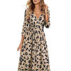 Women's Summer Solid Color All Match Loose Hem Leopard Print Short Sleeve V-Neck Floral Short Party Dress with Pockets 2022 New