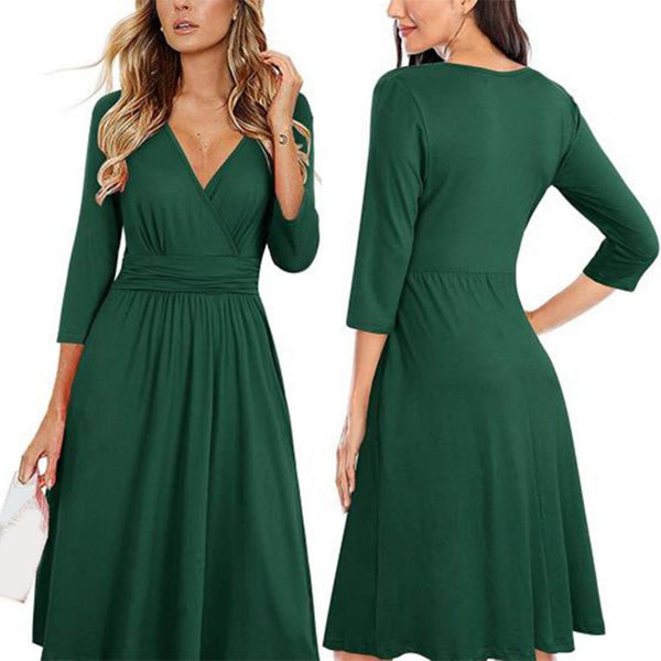 Women's Summer Solid Color All Match Loose Hem Leopard Print Short Sleeve V-Neck Floral Short Party Dress with Pockets 2022 New