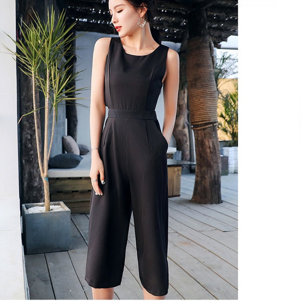 Women's Summer Solid Sleeveless Calf-Length High Waist Jumpsuits 2022 New Arrival Casual Wide Leg Jumpsuits Hots Sales S85423F