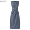 Women's Summer Split Sundress 2022 ZANZEA  Maxi Dress Casual Solid Sarafans Vestidos Belted Solid Robe Femme