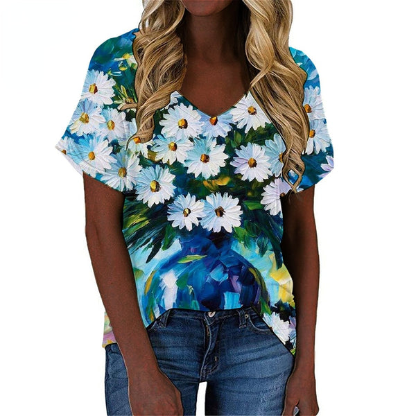 Women's Sun Flower T-Shirt Flowers Graphic T Shirt Floral 3D Print Cotton V-neck Shirt Art Abstract Tops Girls Harajuku Tees