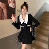 Women's Sweet Casual Short Blazer Skirts 2 Piece Dress Set Spring Autumn Korean Patchwork Black Jacket Mini Skirt Outfit