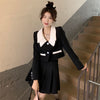 Women's Sweet Casual Short Blazer Skirts 2 Piece Dress Set Spring Autumn Korean Patchwork Black Jacket Mini Skirt Outfit