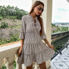 Women's Three Quater Sleeve Short Prom Dress with Drawstring Front and Ruffle Hem Female Autumn Elegant Party Clothes 2022 Fall