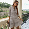 Women's Three Quater Sleeve Short Prom Dress with Drawstring Front and Ruffle Hem Female Autumn Elegant Party Clothes 2022 Fall