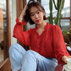 Women's V Neck Floral Printing Blouses Single Breasted Sweet Leisure Long Sleeve Chiffon Shirts