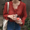 Women's V Neck Floral Printing Blouses Single Breasted Sweet Leisure Long Sleeve Chiffon Shirts