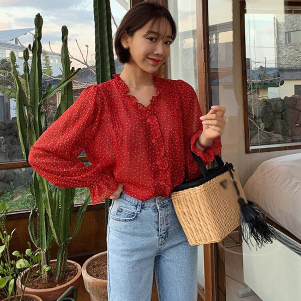 Women's V Neck Floral Printing Blouses Single Breasted Sweet Leisure Long Sleeve Chiffon Shirts