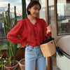 Women's V Neck Floral Printing Blouses Single Breasted Sweet Leisure Long Sleeve Chiffon Shirts