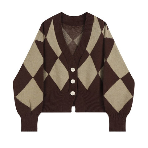 Women's Vintage Plaid Knitted Cardigan England Style Sweater Oversize Long Sleeve V-Neck Single Breasted Knitwear Jackets Coat