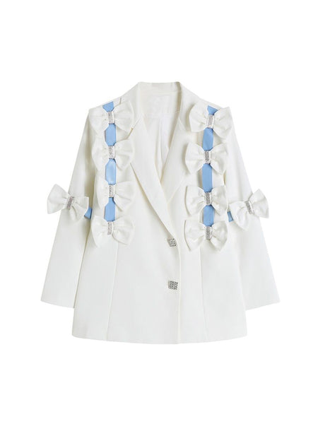 Women's White Blazer Korean Bow Chic Design Jackets Long Sleeves Baggy Office Suit Female Single-breasted Tops Coat Y2K