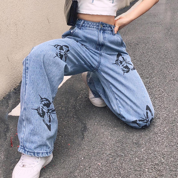 Women's Wide-leg Pants Butterfly Printed Straight Leg Pants Trousers Jeans Harajuku Streetwear Loose Joggers Baggy Trousers