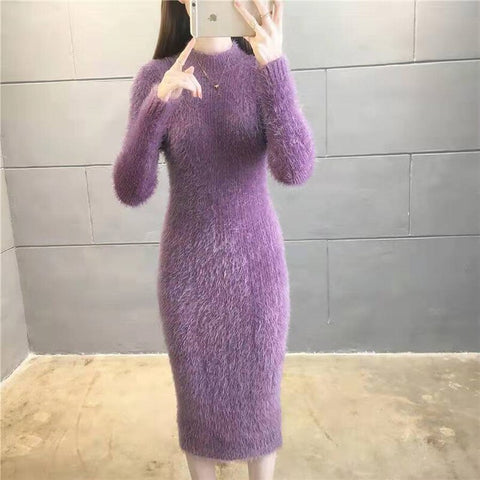 Women's Winter Clothing 2022 Imitation Mink Wool Thick Warm Turtleneck Sweater Dress Sheath Bodycon Dresses For Women Casual