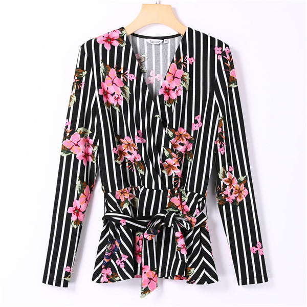 Women's Wrap Shirts Sexy V-Neck Long-Sleeve Floral Print Striped Kimono Blouse Autumn Casual Plus Size Female Ruffle Shirts