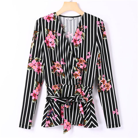 Women's Wrap Shirts Sexy V-Neck Long-Sleeve Floral Print Striped Kimono Blouse Autumn Casual Plus Size Female Ruffle Shirts