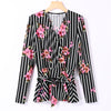 Women's Wrap Shirts Sexy V-Neck Long-Sleeve Floral Print Striped Kimono Blouse Autumn Casual Plus Size Female Ruffle Shirts