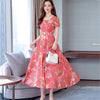 Women's floral dress waist long short sleeve a word  casual wear