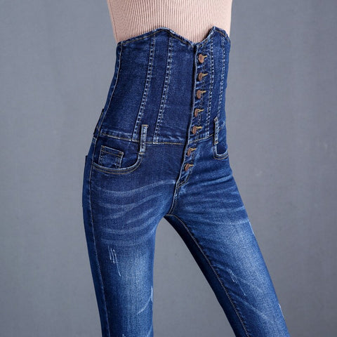 Women's high waist Skinny Jeans trousers Women Simple black blue Stretch Cotton casual jeans Pencil Denim Pants