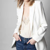 Women's Rhinestones White Blazer Single Breasted Side casual Cardigan Straight Suit Coat with Badge