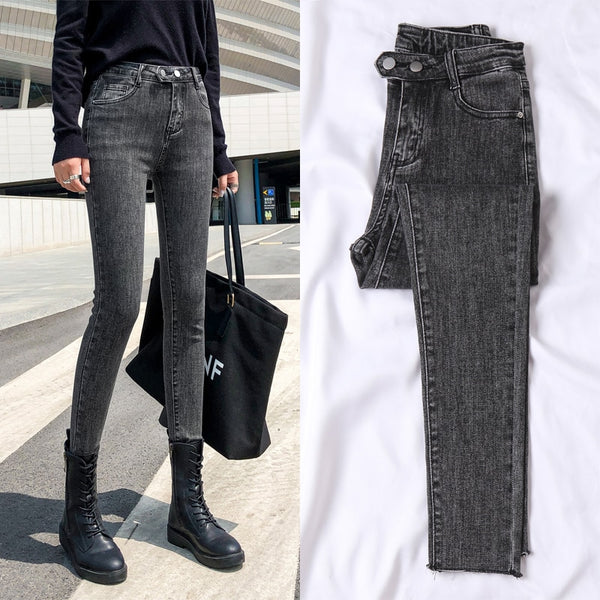 Women's jeans 2022 autumn double buckle high waist Korean version of all-match Slim Harajuku women's chic casual