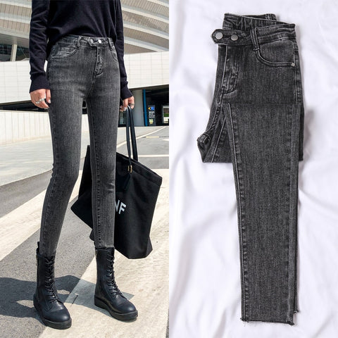 Women's jeans 2022 autumn double buckle high waist Korean version of all-match Slim Harajuku women's chic casual