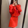 Women's spring 2022 suits red thin long sleeves lapel linen short suit jacket casual all-match mini skirt
