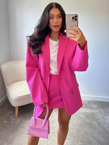 Women's spring jacket 2023 Single Button Slim fit Blazer Coat Vintage Long Sleeve Pockets Female Outerwear +skirt suit