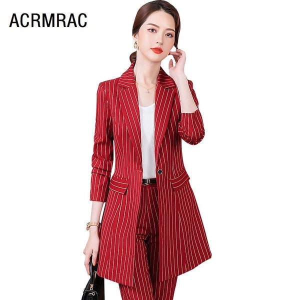 Women suits Slim autumn winter stripe long Blazers jacket pants 2-piece set OL Formal Women pants suits Woman set suits 1019