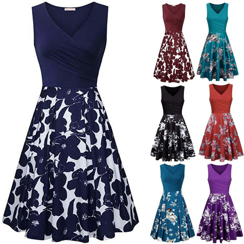 Women summer V- Neck dress ladies boho Casual Flowers Printing Loose dress female Swing plus size Sleeveless tank Dress vestidos