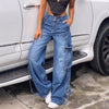 Women y2k Autumn Jeans High Waist Loose Pocket Streetwear Baggy Jeans Korean Slim Casual Wide Leg Denim Pants