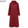 Womens Autumn Winter Sweatshirt Dress Casual Turtleneck Mid Calf Kaftan Female Soft Robe  ZANZEA Solid Side Pockets Vestidos