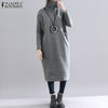 Womens Autumn Winter Sweatshirt Dress Casual Turtleneck Mid Calf Kaftan Female Soft Robe  ZANZEA Solid Side Pockets Vestidos
