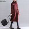 Womens Autumn Winter Sweatshirt Dress Casual Turtleneck Mid Calf Kaftan Female Soft Robe  ZANZEA Solid Side Pockets Vestidos