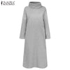 Womens Autumn Winter Sweatshirt Dress Casual Turtleneck Mid Calf Kaftan Female Soft Robe  ZANZEA Solid Side Pockets Vestidos